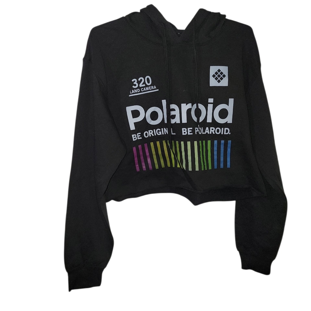 NWOT Polaroid Cropped Black Hoodie with Colorful Stripes
